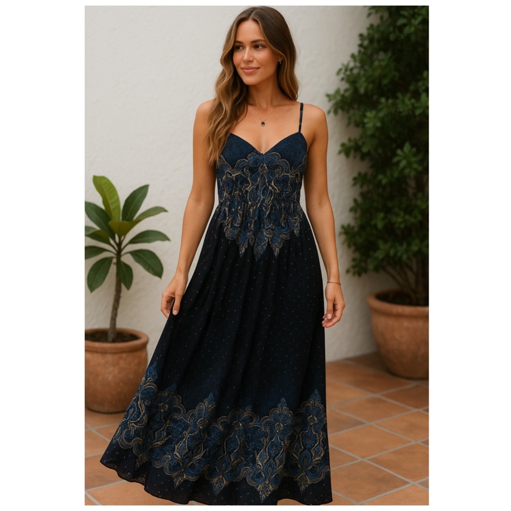 FREE PEOPLE Black Blue Boho Printed Sleeveless Button Front Maxi Dress Small - Picture 3 of 16